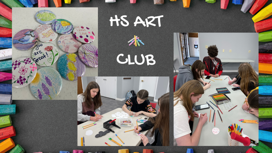 HS Art Club collage of students working and buttons made